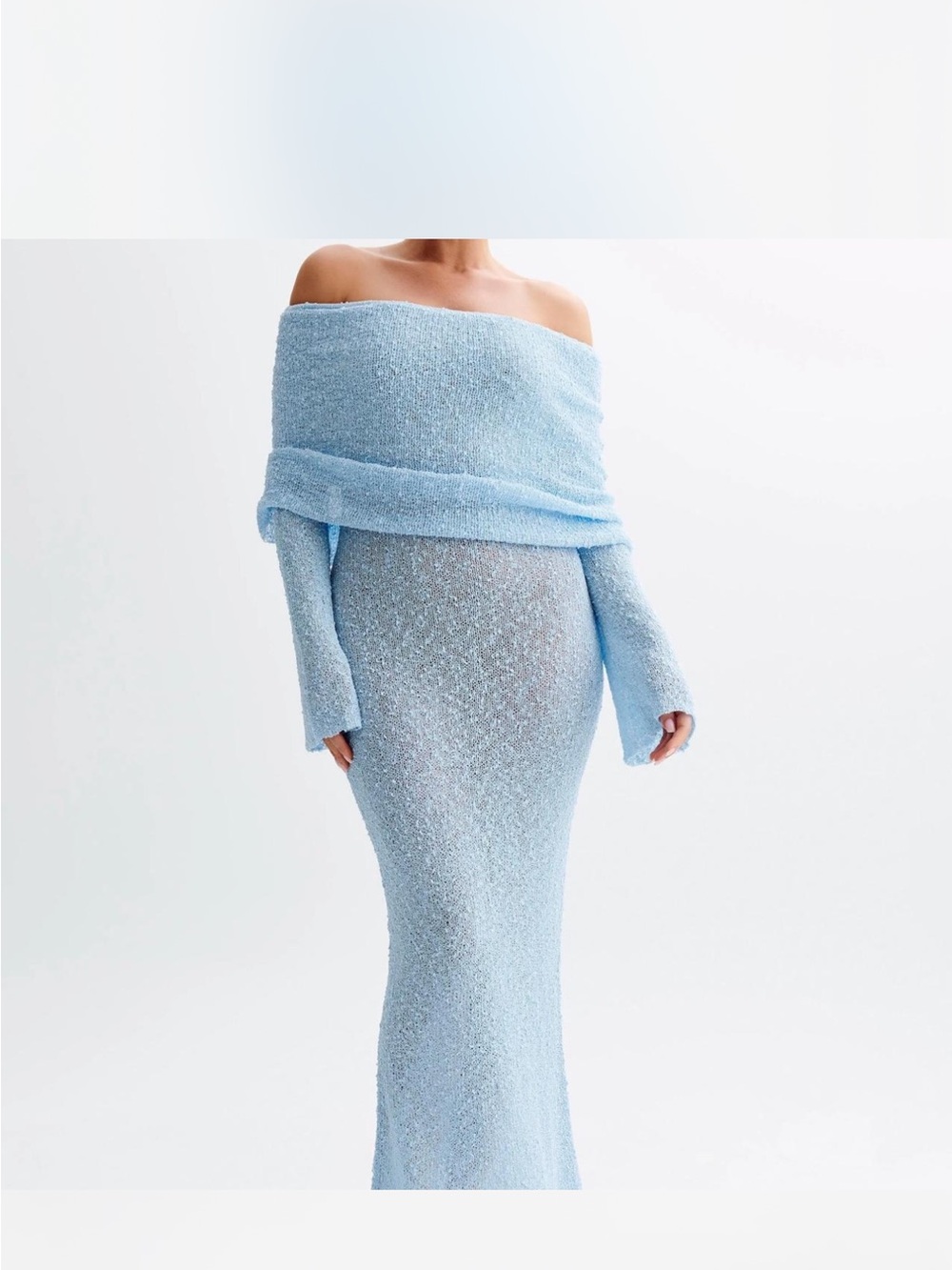MESHKI Off-Shoulder Light Blue Knit Sweater Dress